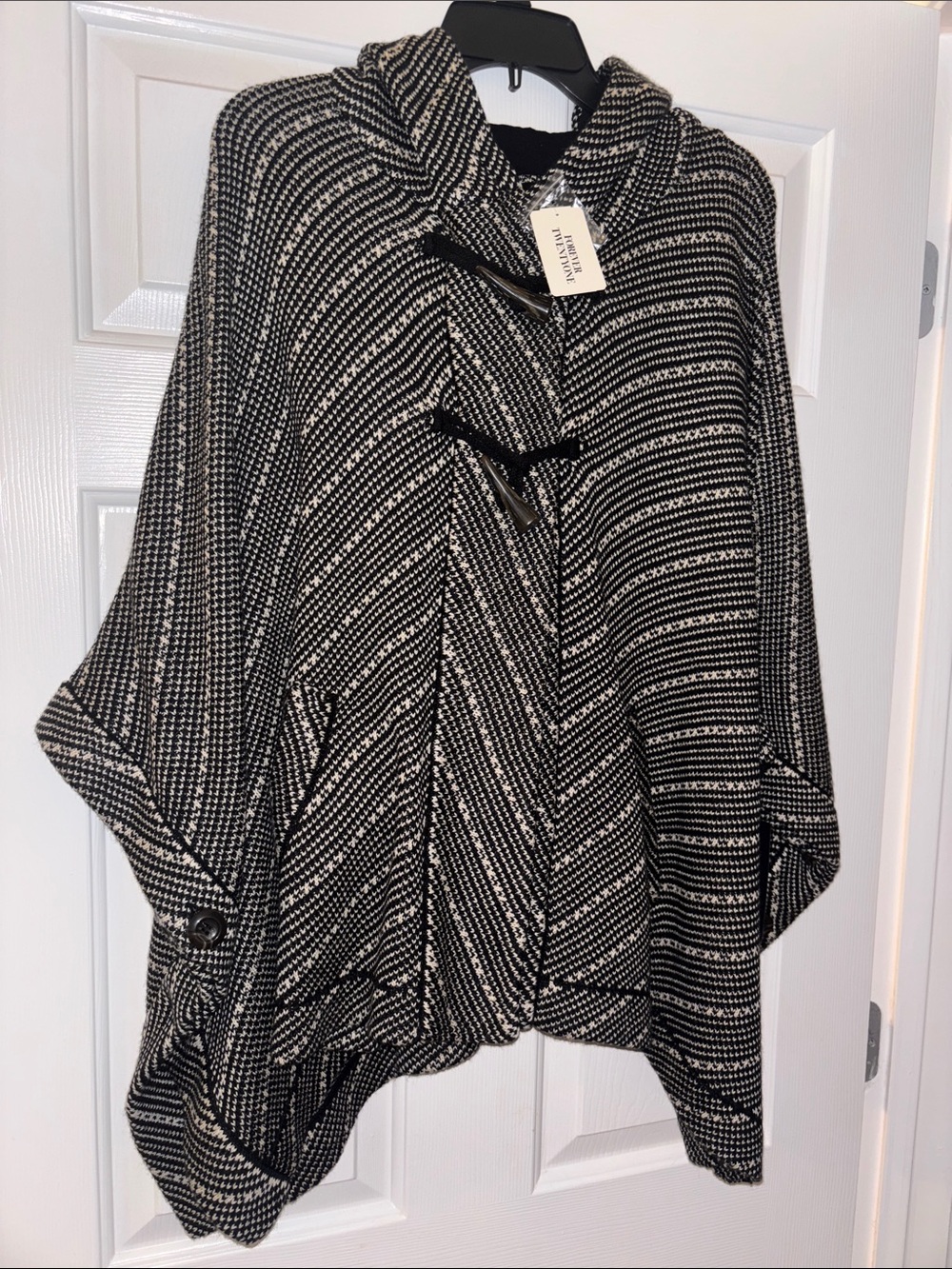 Black & White Striped Hooded Knit Poncho with Toggles